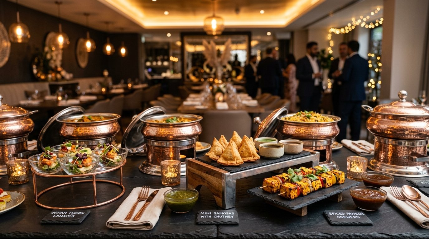 Luxury Indian corporate catering buffet with fusion canapés and tandoori skewers