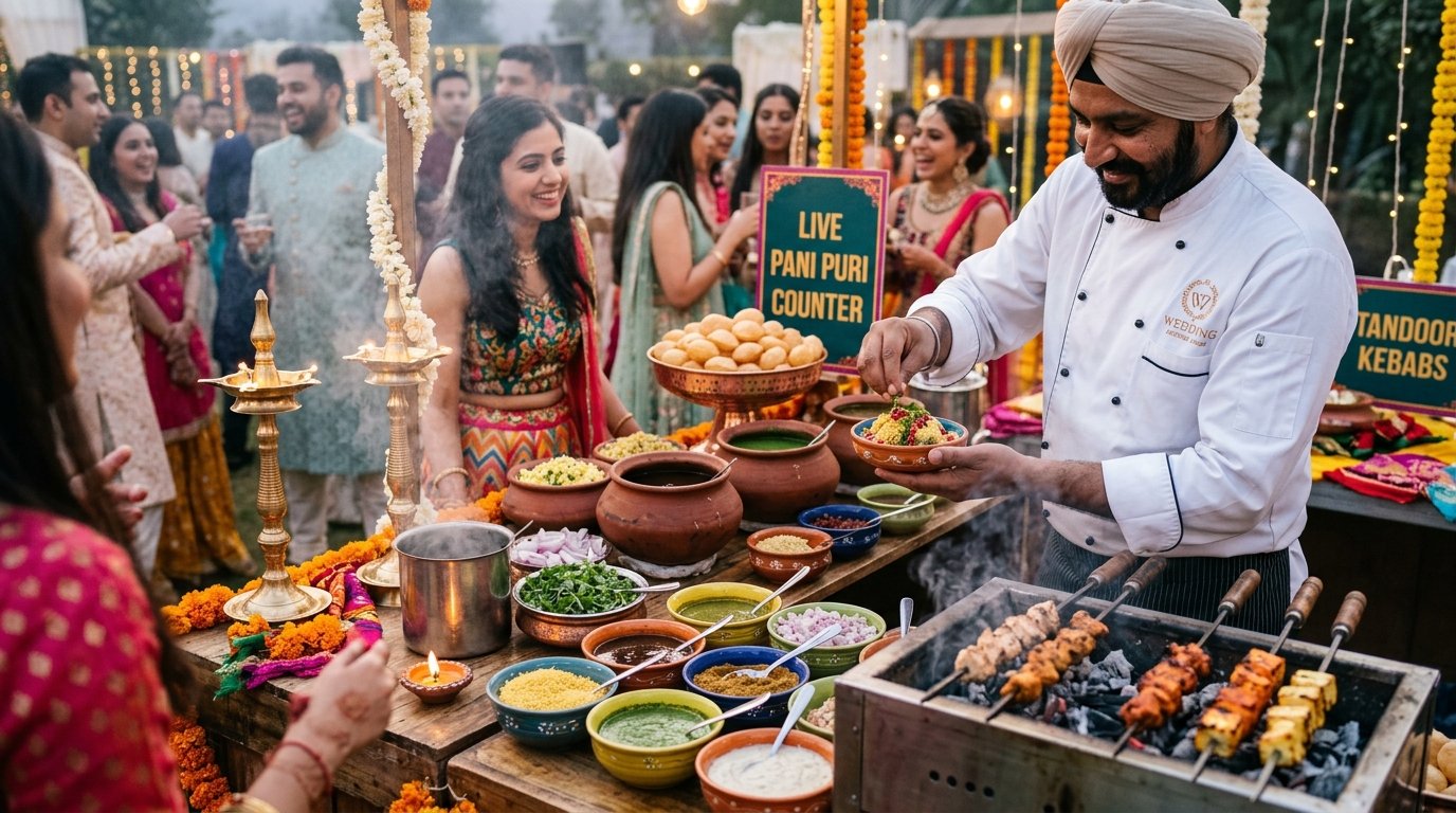 Live Indian street food chaat counter with pani puri and tandoori grill
