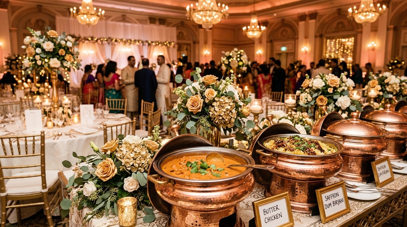 Grand Indian luxury wedding banquet buffet with royal curries and dum biryani